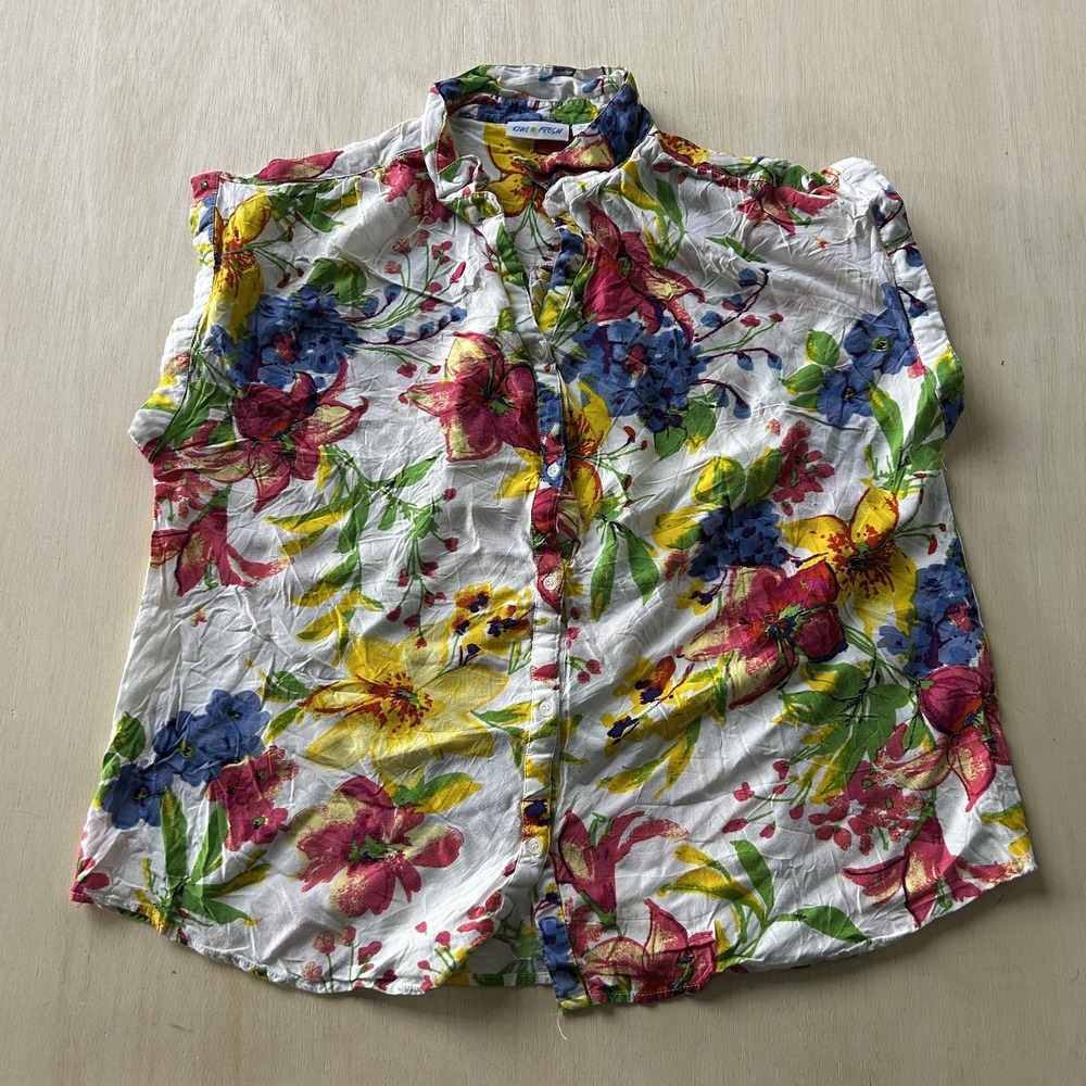 Kiwi Fresh Button Up Shirt Womens Plus 2X Multicolor Floral Tropical Cap Sleeve